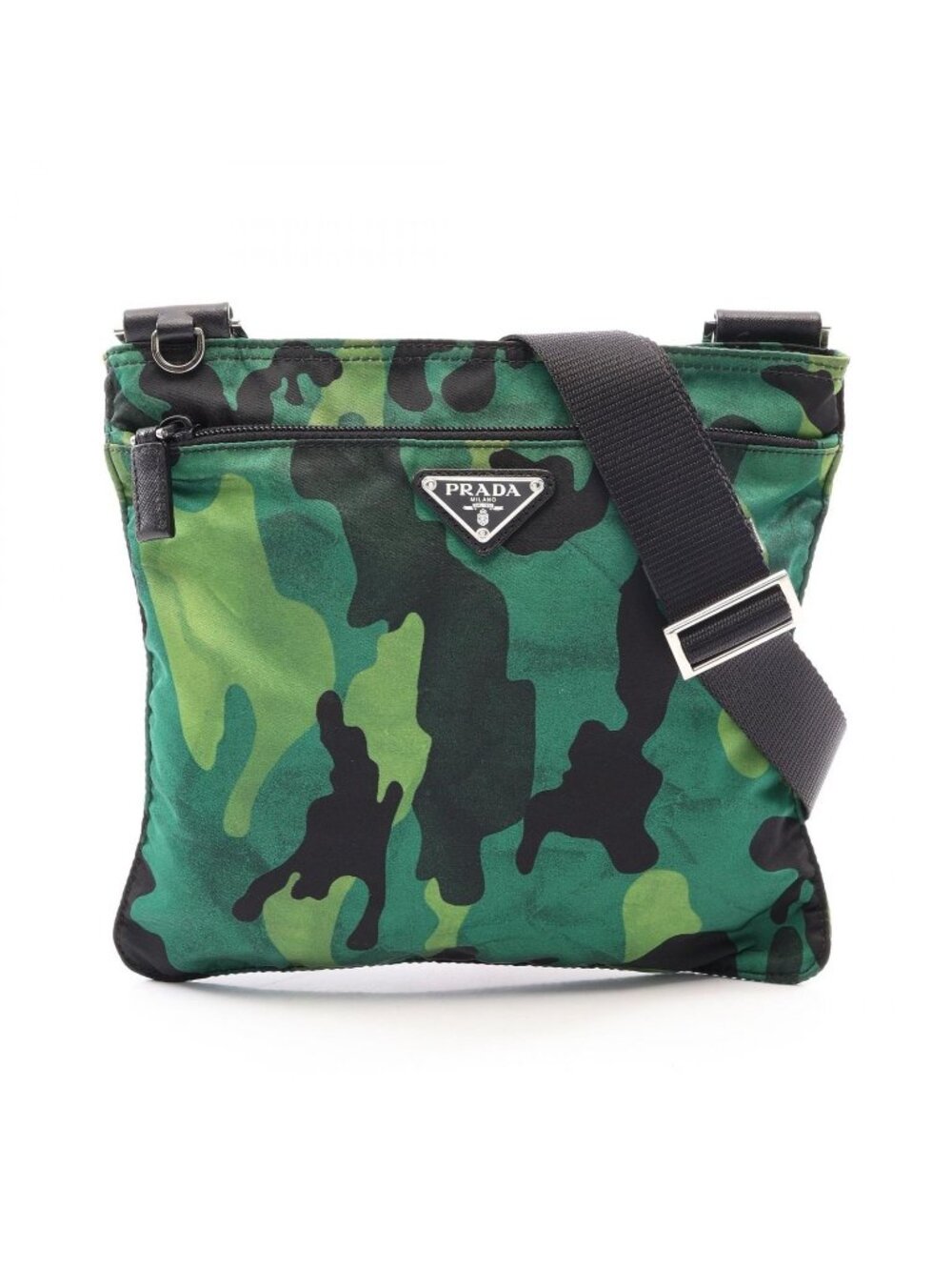 Prada Shoulder Bag Triangle Logo Camouflage Green Nylon Saffiano Leather